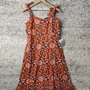 Maisie Women's 100% Cotton Orange Floral Print Smocked Back Midi‎ Dress Sz Large